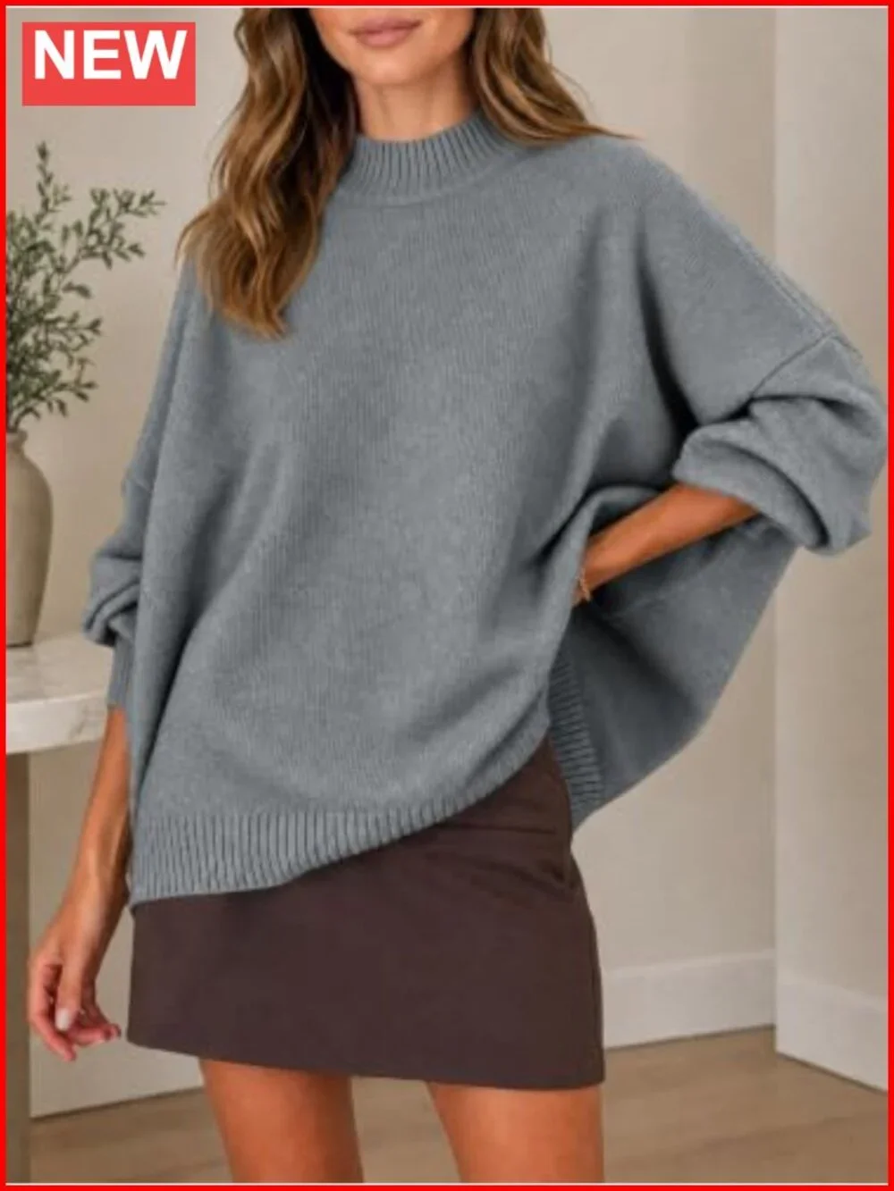 Oversized Mock Neck Pullover Tunic Sweater Long Sleeve Knit